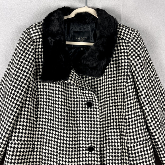 Talbots Houndstooth Wool Blend Coat Womens 12W Faux Fur Old Money Quiet Luxury - Picture 2 of 16